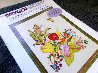 PARADISE FOUND Vintage Crewel Embroidery Kit, Flowers of Hawaii Tropical Hummingbird, Paragon 0308 Stitchery, Georgia Ball Design