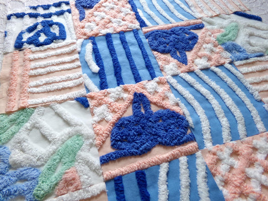 midsummer medley vintage chenille fabric squares, set of 16 peach & blue quilt blocks 6" ea, lovely color and texture for quilting, crafts