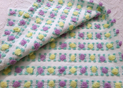 Rare Jewel Rosebud Vintage Chenille Fabric w/ Yellow & Amethyst Roses, 17" x 24" Cut Piece of Sewing, Quilt Material