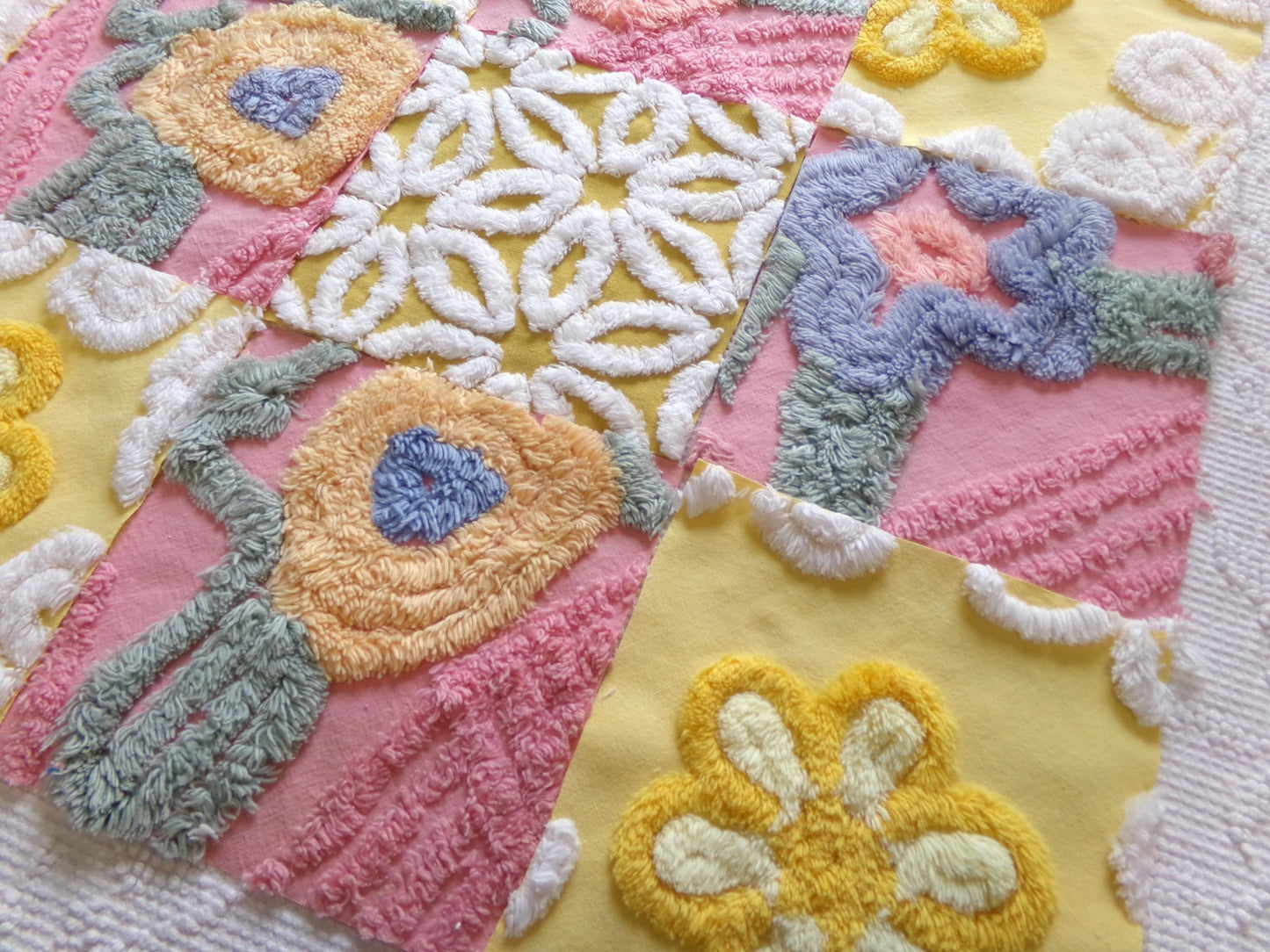vintage chenille fabric squares, "buttercups & rose petals" set of 16 floral 6" quilt blocks in yellow flower, rose pink floral, gold daisy