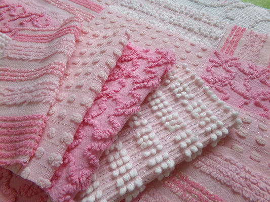 partytime pinks vintage chenille fabric squares, set of 16 fun 6" quilt blocks for quilting, sewing, crafts