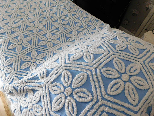 Vintage Chenille Bedspread, White Daisy Hexagon Design on Sky Blue, Full Size 1950s Geometric Design, 100% Cotton