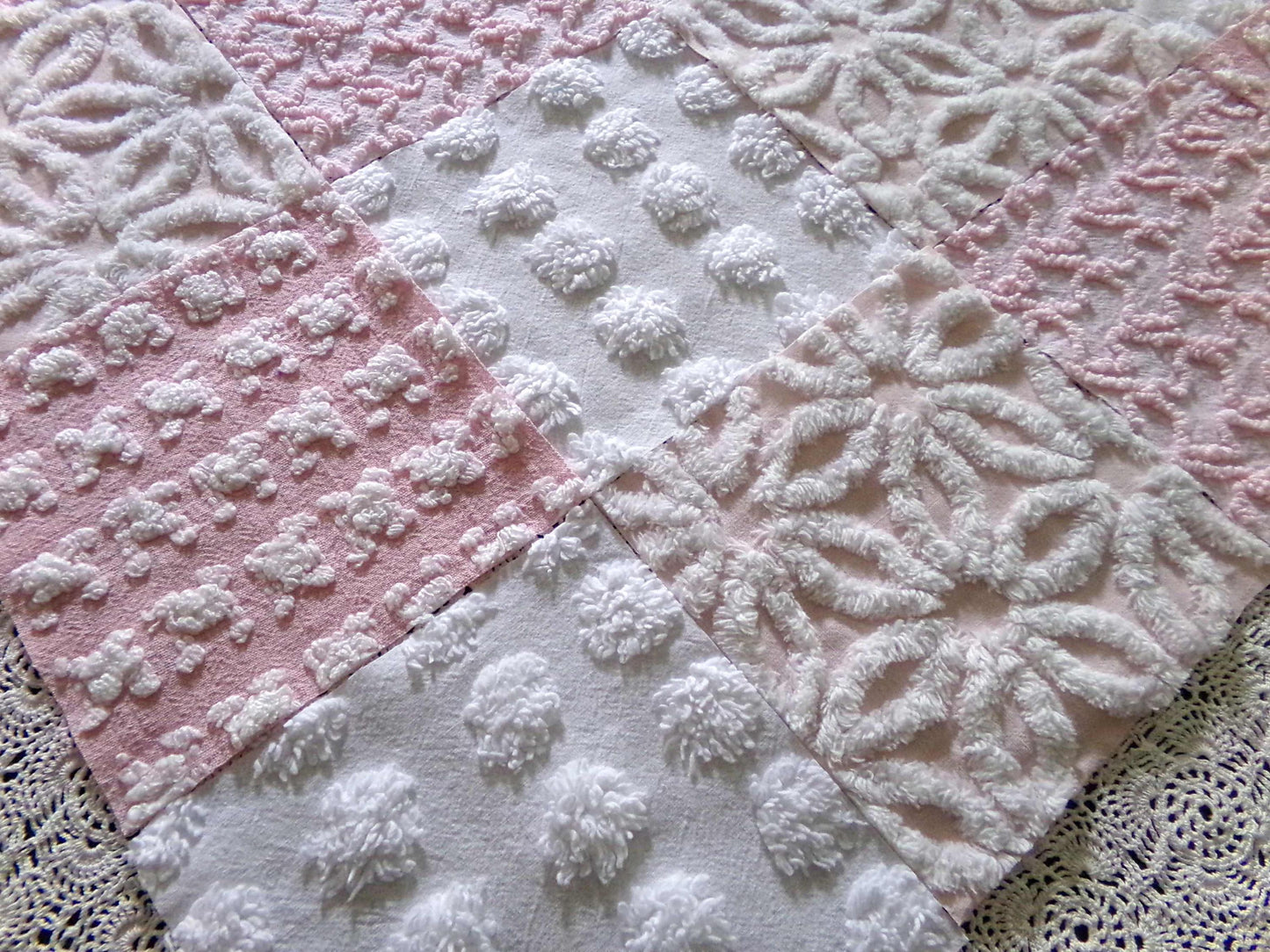 Whispertone Pink Quilt Squares Set from Vintage Chenille Bedspread Fabric, 16 Blocks, 6" x 6" inch