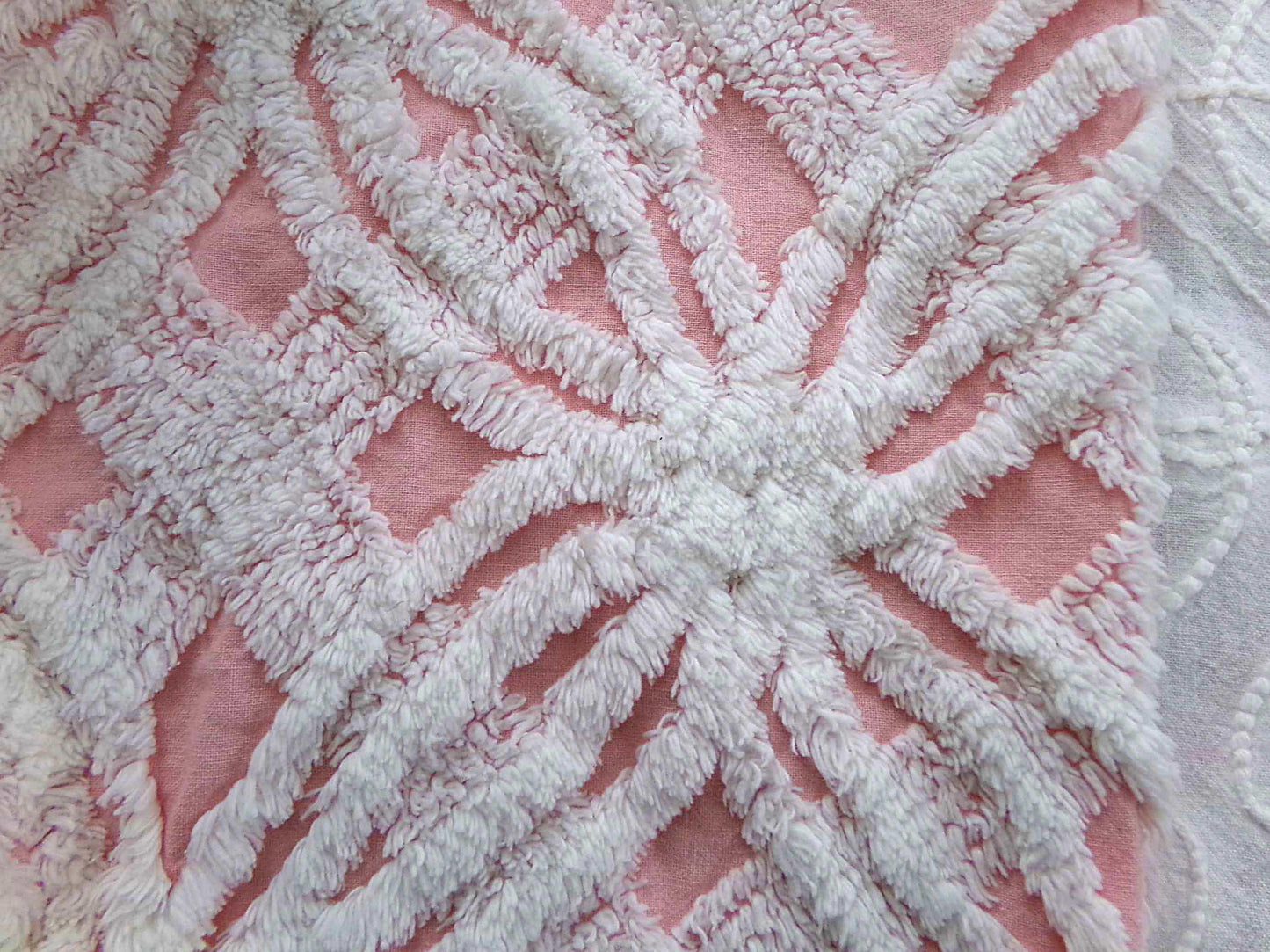 quilter's favorite chenille fabric, classic pink & white spider tufted sewing material, 20" x 24" inch piece from vintage chenille bedspread