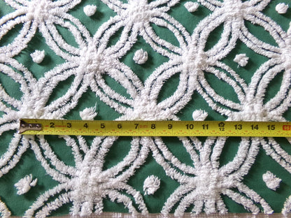gorgeous green vintage chenille fabric, tufted white wedding rings, fluffy dots on evergreen, 20"x 27" inch piece of quilt & sewing material