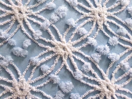 cottage coastal chic fabric, 22" x 24" inch piece cut from vintage chenille bedspread, needletuft white wedding rings with overtufted pops