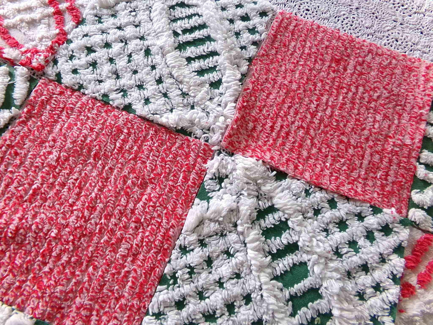 Christmas Chenille Quilt Squares, Set of 17 Festive Red, White & Green 6" Cotton Quilt Blocks, ideal for holiday crafts, quilting and sewing