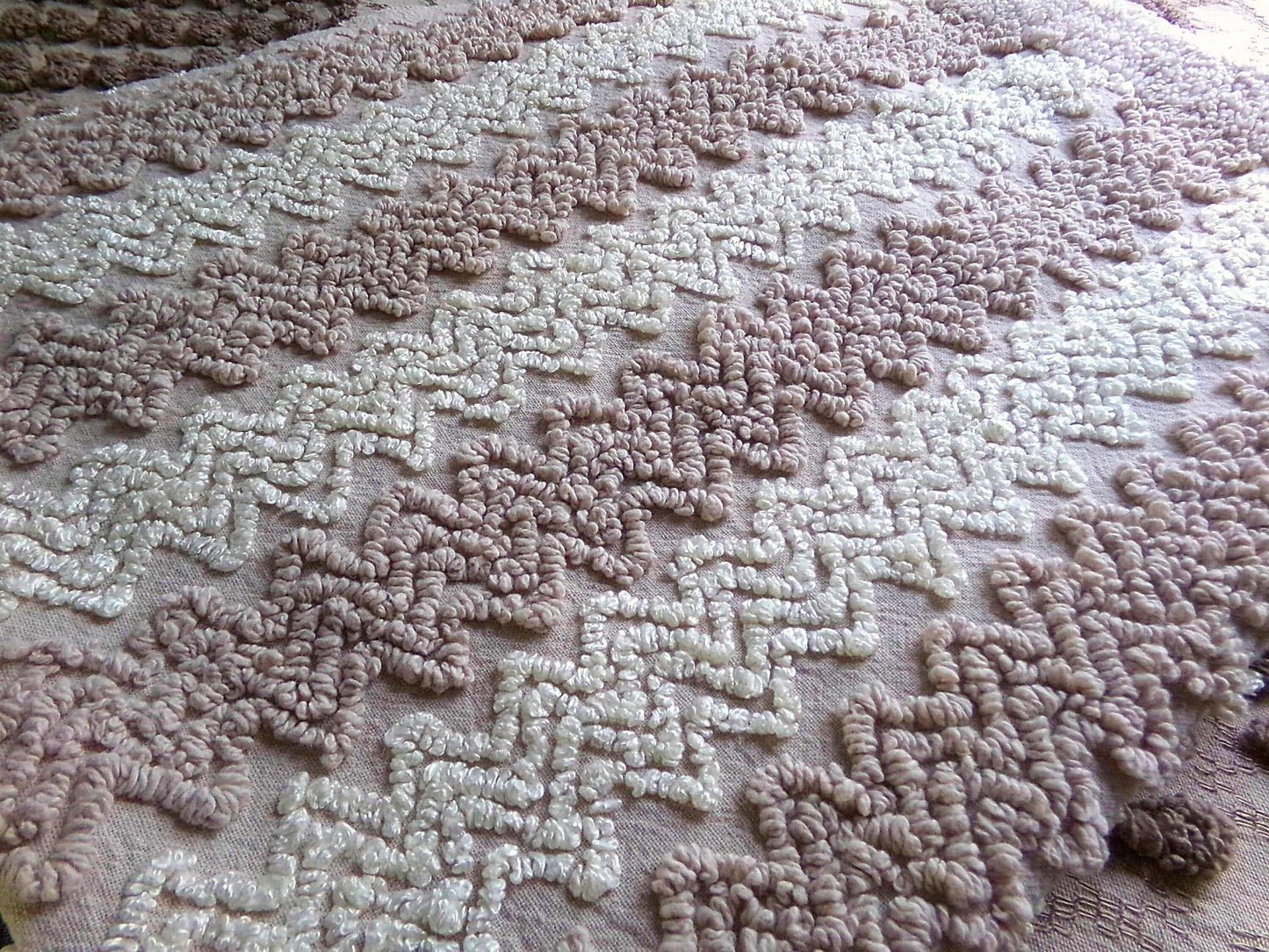 Vintage Chenille Fabric in Toasted Mocha & Vanilla Cream, 19" x 25" inch Piece, Texturized Zig Zags