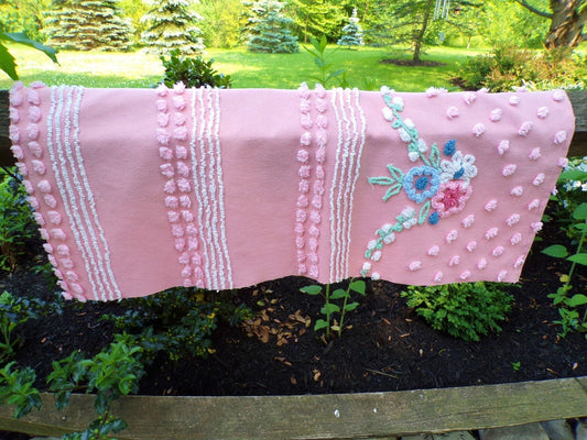 Vintage Rosy Floral Dot Chenille Fabric, 33" x 16"-inch Piece, Cabin Crafts, Cotton