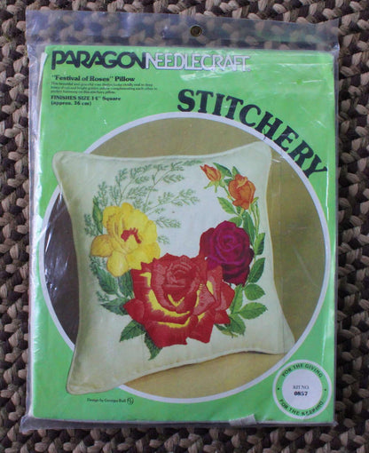 FESTIVAL OF ROSES Pillow Kit, Paragon Needlecraft Stitchery Kit #0857, Finishes 14" inch Square, Design by Georgia Ball 1978