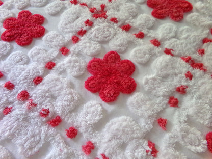 red roses in snow white vintage chenille fabric, 21" x 23" inch piece of shabby style sewing material for quilts & crafts