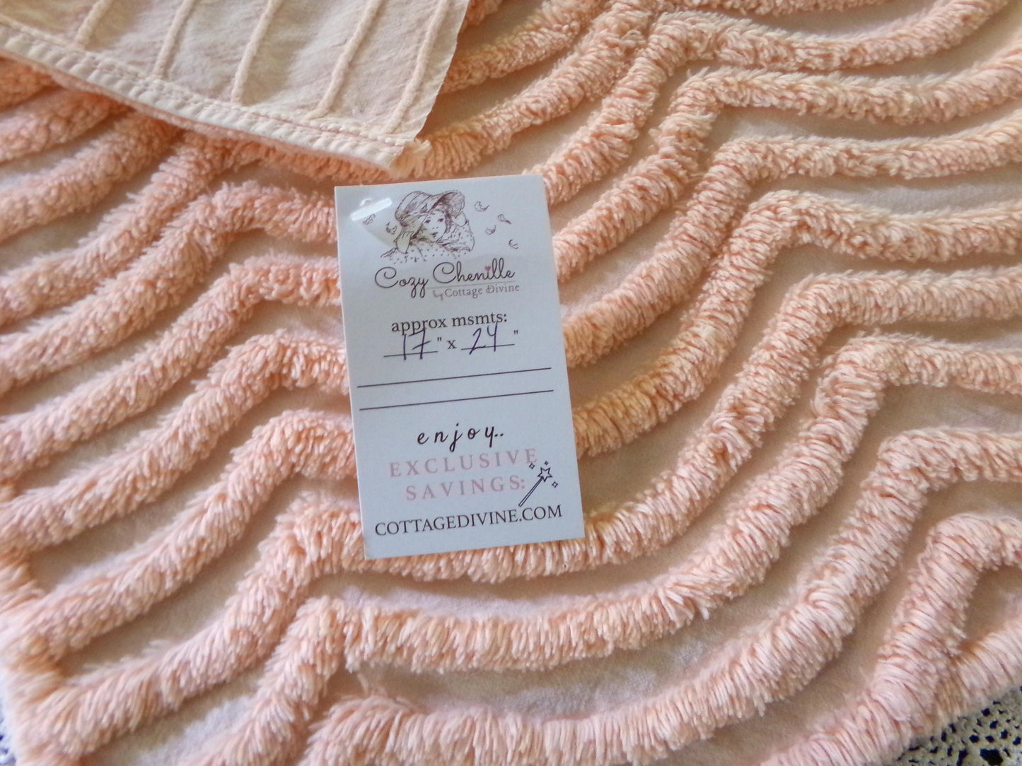 Fluffy Peach Waves Vintage Chenille Fabric, 17" x 24" inch Piece, Plush Ripple Pattern for Quilts, Pillows, Crafts & Sewing