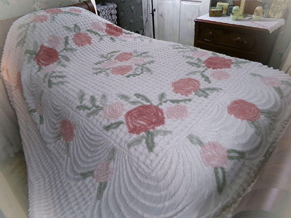 luxurious plush tufted chenille bedspread, muted natural roses, thick white grids, swags & accent fringe, vintage twin size cottage bedding