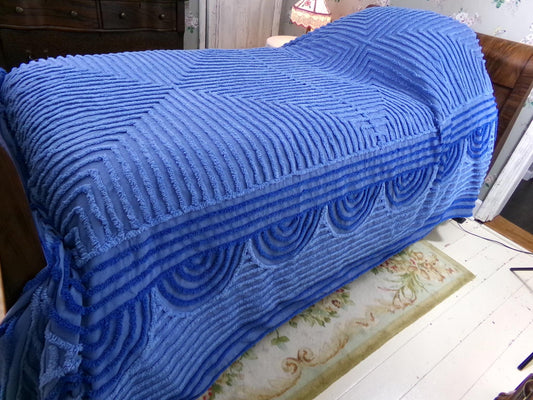 shabby sea nymph blue vintage chenille bedspread, coastal chic geometric design, full size cotton bedding