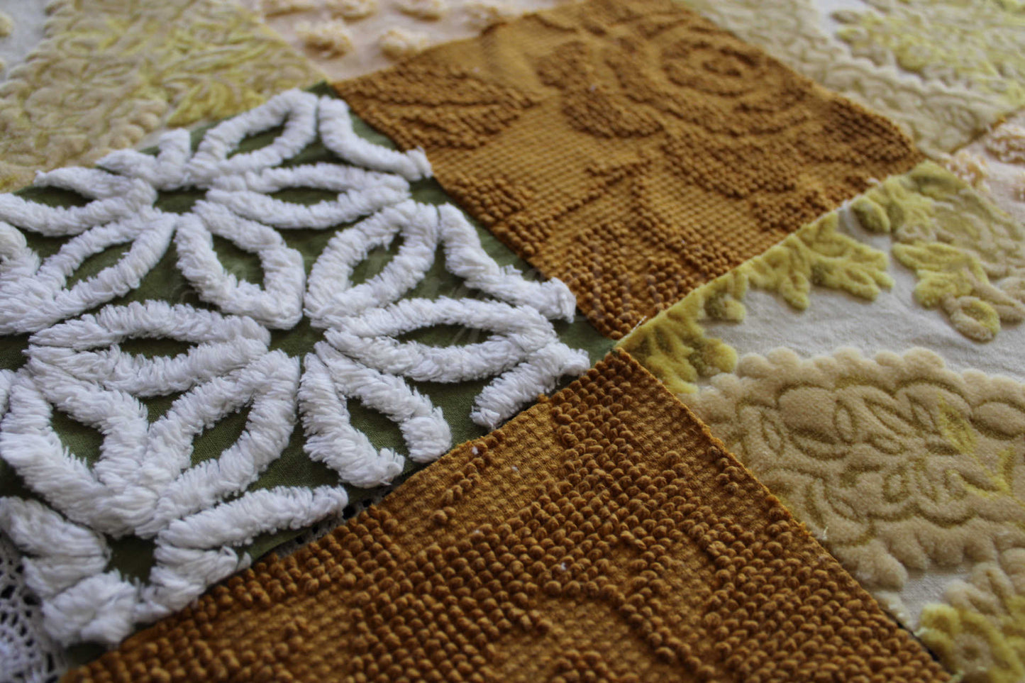 SuMmeR of LoVe Chenille & Velvet Quilt Squares Set, from Vintage Bedspread Fabric, 16 Blocks, 6" x 6" inches each, Earthtone Hippie Vibes