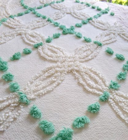 elegant ivory jade vintage chenille fabric, 17" x 26" piece of geometric dot sewing material