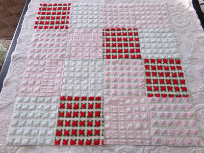 valentine rosebuds vintage chenille fabric squares, gorgeous medley of pink, red, white roses, set of 16 quilt blocks, 6" x 6" inch