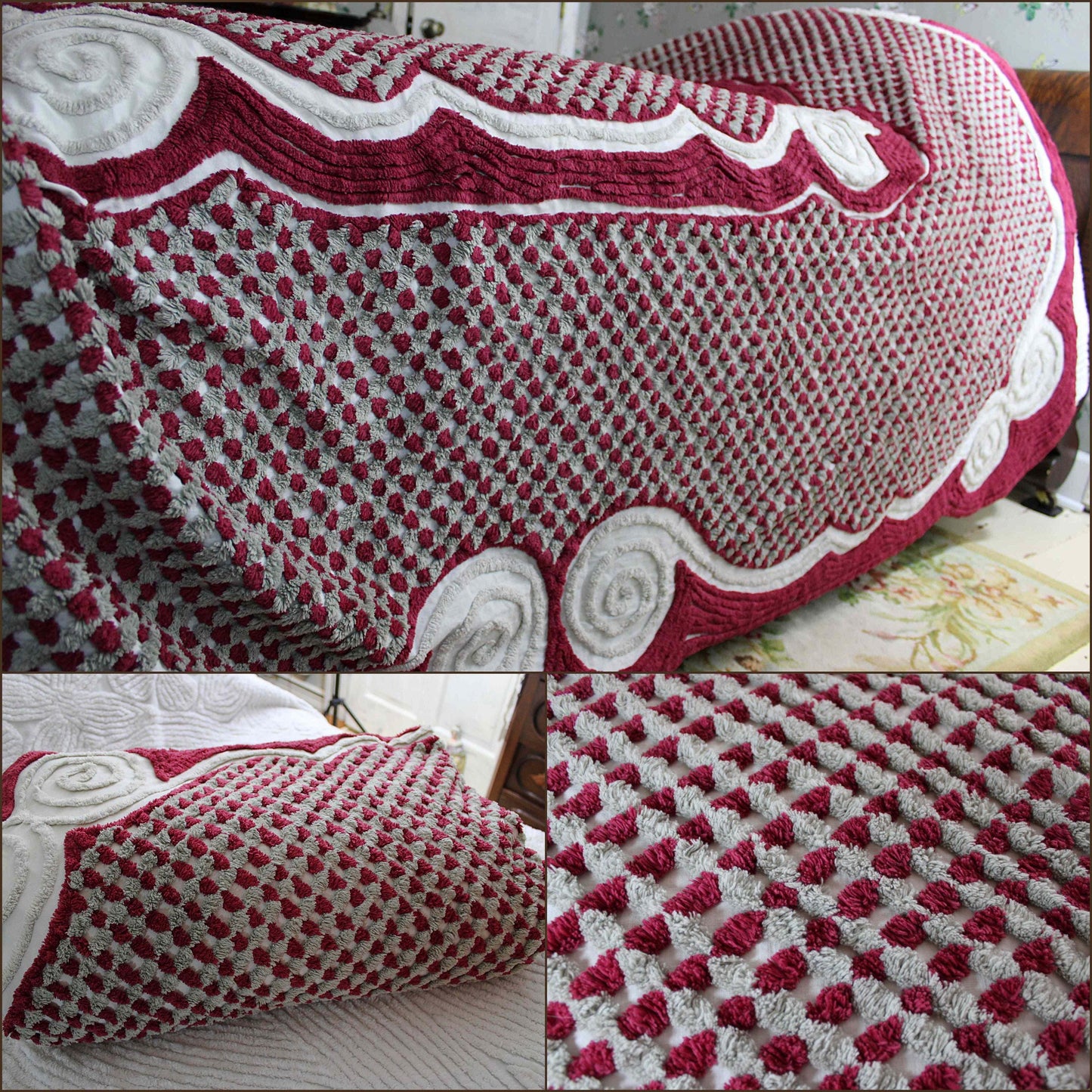Plush Luxury Chenille Bedspread, Exceptional Vintage Bedding in Ice Grey, Berry Red & Dove Gray, Heavyweight FULL Size Bedding
