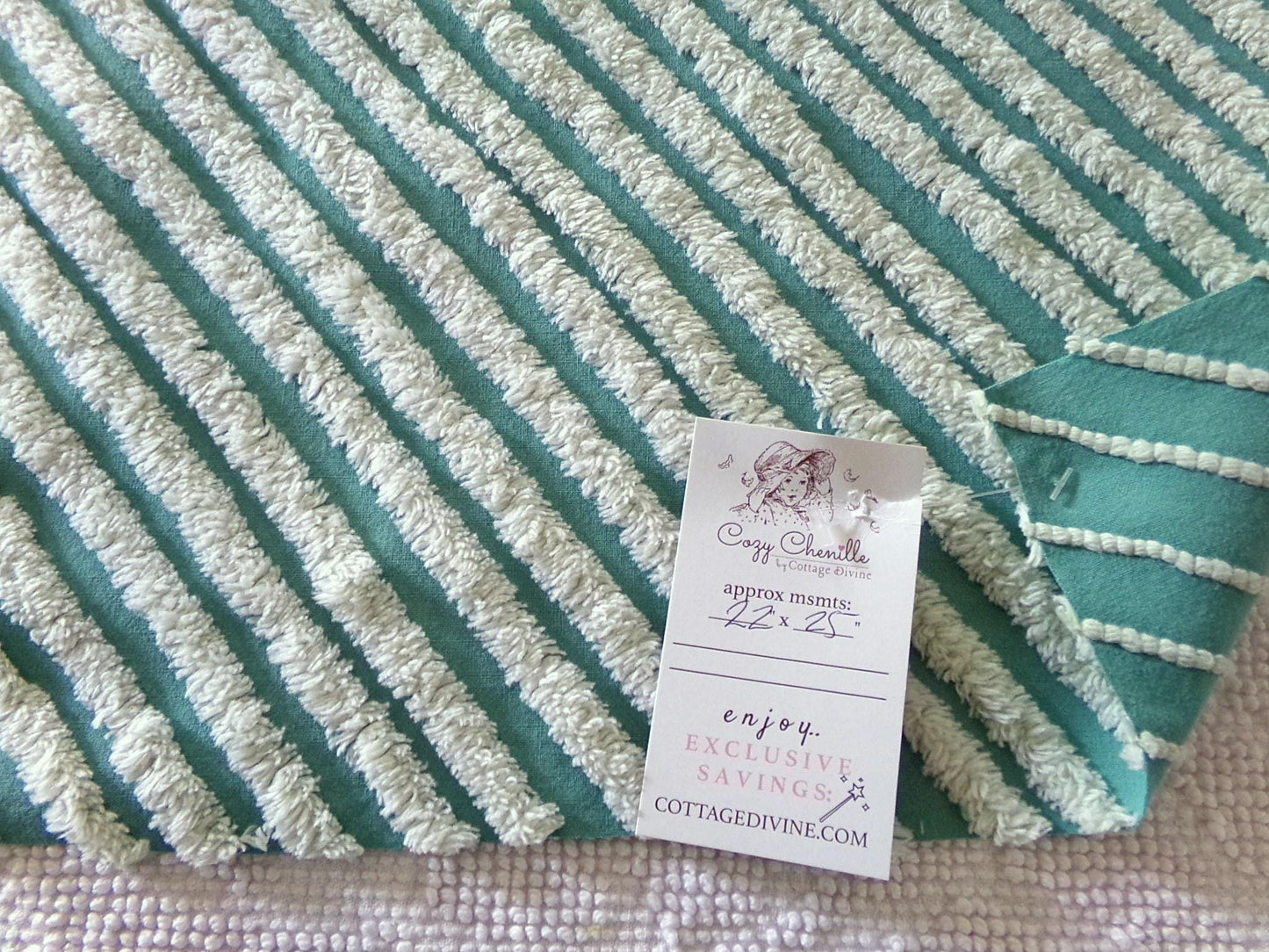 eyecatching plush stripes vintage chenille fabric, tonal green diagonal striped lines, 22" x 25" inch piece of sewing material