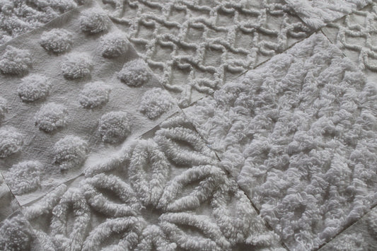 Fresh Snowfall Graceful White Chenille Quilt Squares Set, from Vintage Bedspread Fabric, 16 Blocks, 6" inch