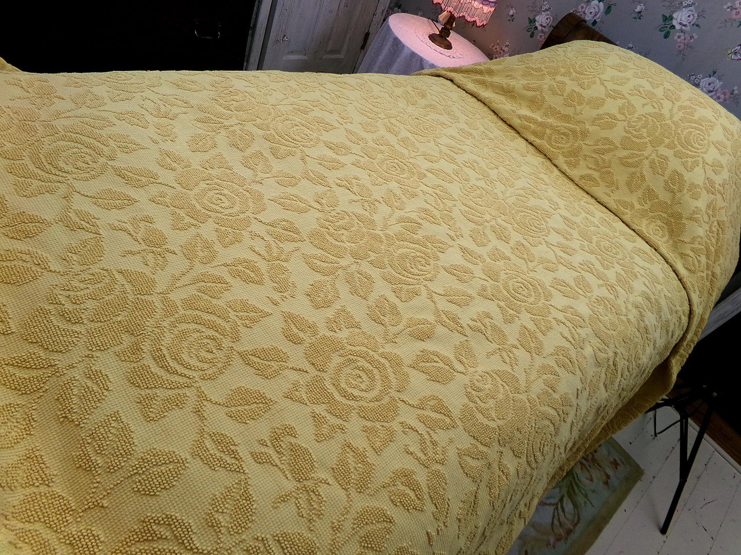 Vintage Chenille Bedspread in Sunflower Honey Golden Blonde | Hobnail Cabbage Rose Woven Texture | On Trend Boho Style Heavyweight Spread