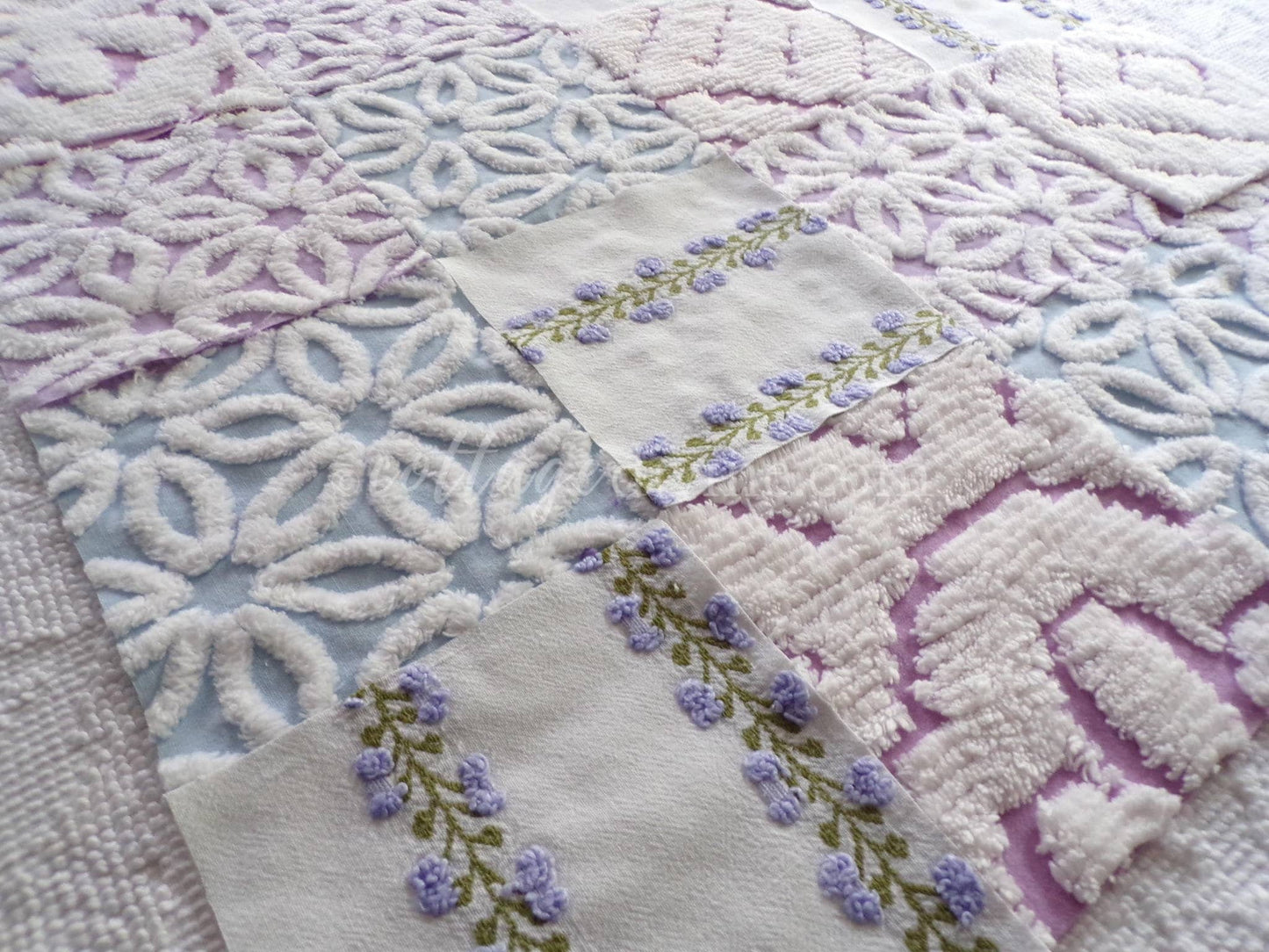 Sweet Slumber Chenille Quilt Squares Set from Vintage Bedspread Fabric, 16 Blocks, 6" x 6" inch
