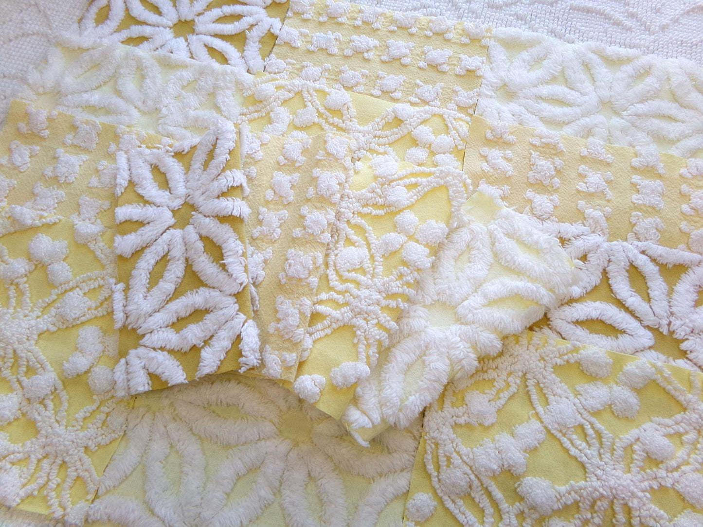 boho sunshine chenille fabric squares, set of 16 vintage quilt blocks 6" ea, natural sunrise yellow, white rosebud, golden harvest daisy