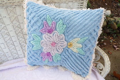 Cottage Blue Floral Chenille Pillow Cover 17" x 17" inch Square, REVERSIBLE Accent Fringe Pillow from Vintage Chenille Bedspread Fabric