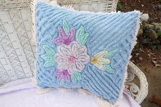 Cottage Blue Floral Chenille Pillow Cover 17" x 17" inch Square, REVERSIBLE Accent Fringe Pillow from Vintage Chenille Bedspread Fabric