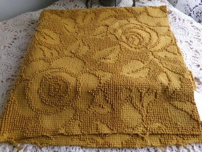 boho rose hobnail chenille fabric, vintage saturated retro harvest gold woven sewing material with pom pom trim 20" x 24" inch reversible pc