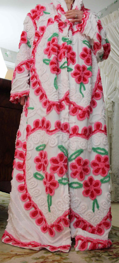 Hooded Chenille Robe in Pink Hearts & Flowers, Cozy Cute Medium / Large Hooded Vintage Style Women's Bathrobe