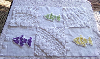 school of fish chenille fabric squares, set of 6 large 9.5" square quilt blocks, fun fishies & plush white swirl dots