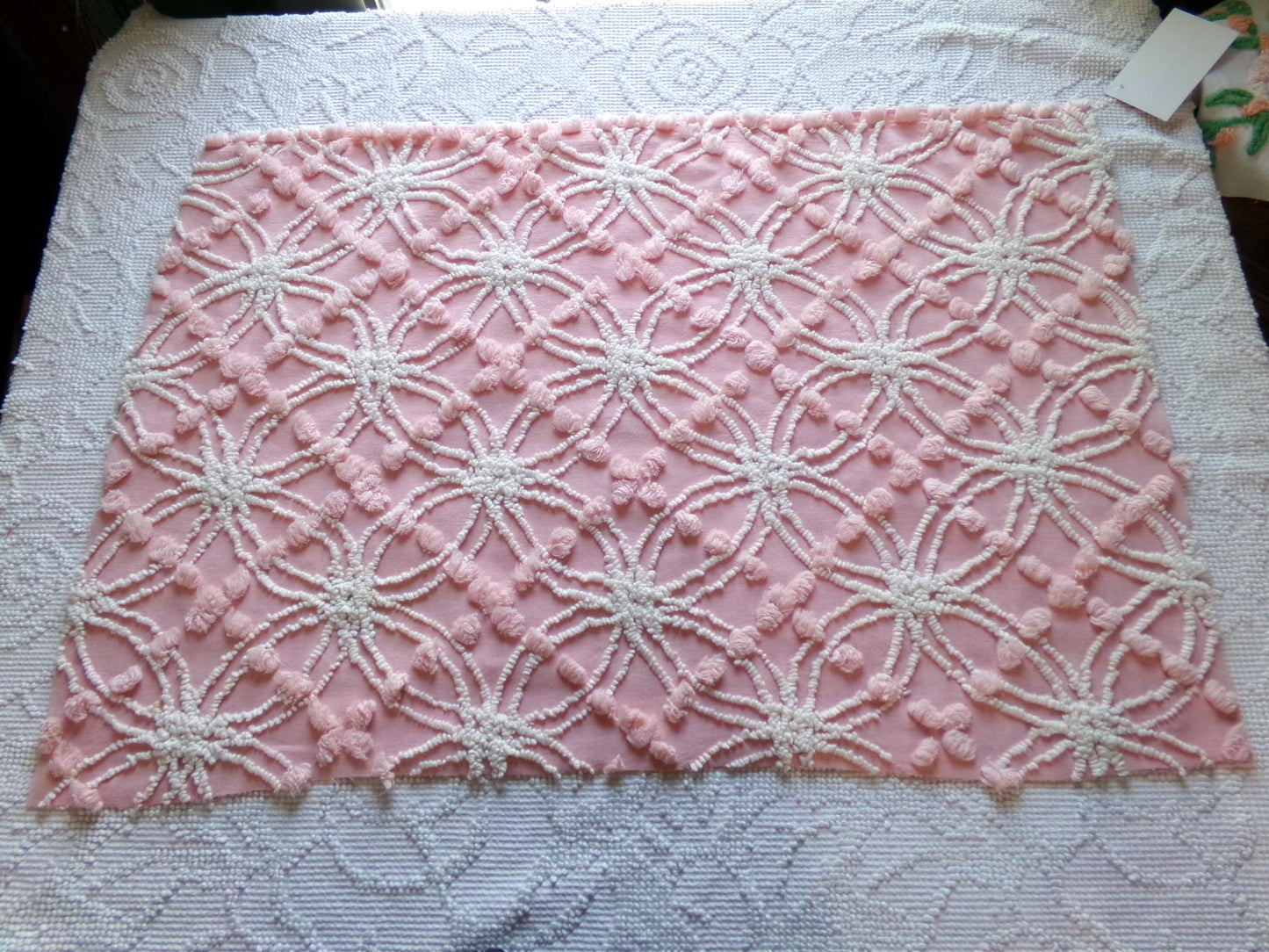 divinely feminine pink chenille fabric, 18" x 24" inch piece of vintage cotton sewing material, lovely in handmade chenille quilts & pillows