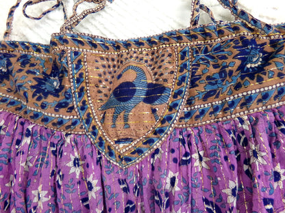 vintage Starina Creation Paris dress, rare 1970s boho peacock print, gold thread floral pattern, midi length gauze cotton India sundress, S