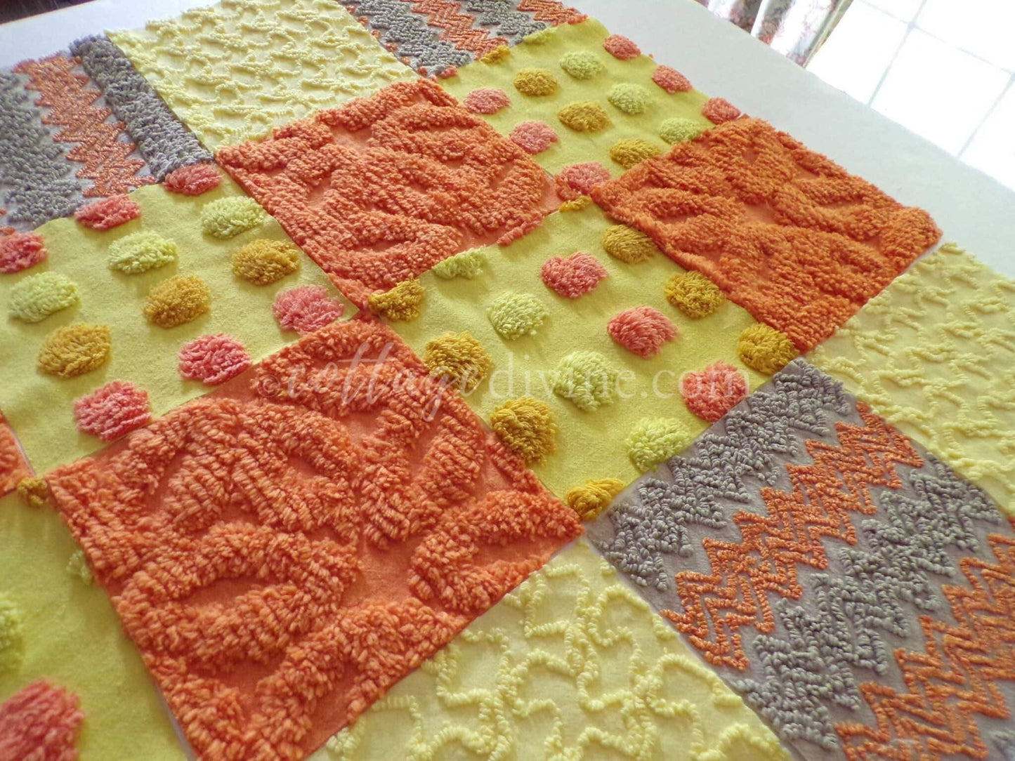 Retro Hippie Quilt Squares Set, from Vintage Chenille Bedspread Fabric, 16 Blocks, 6" x 6" inch