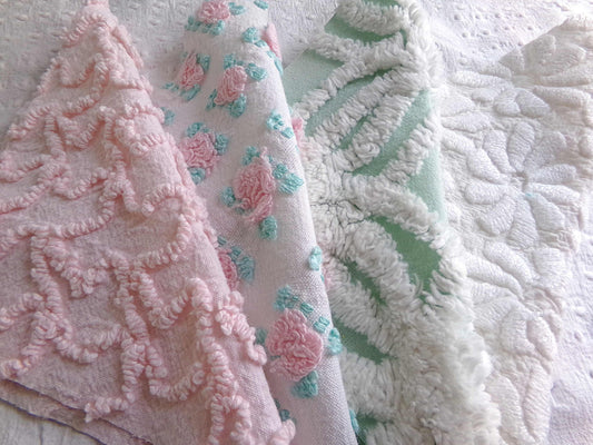 Chenille Squares Set, "Summer Bliss," 16 Vintage Fabric Quilt Blocks, 6" inch in White Daisy, Pink Rosebud, Mint Green, Squiggles