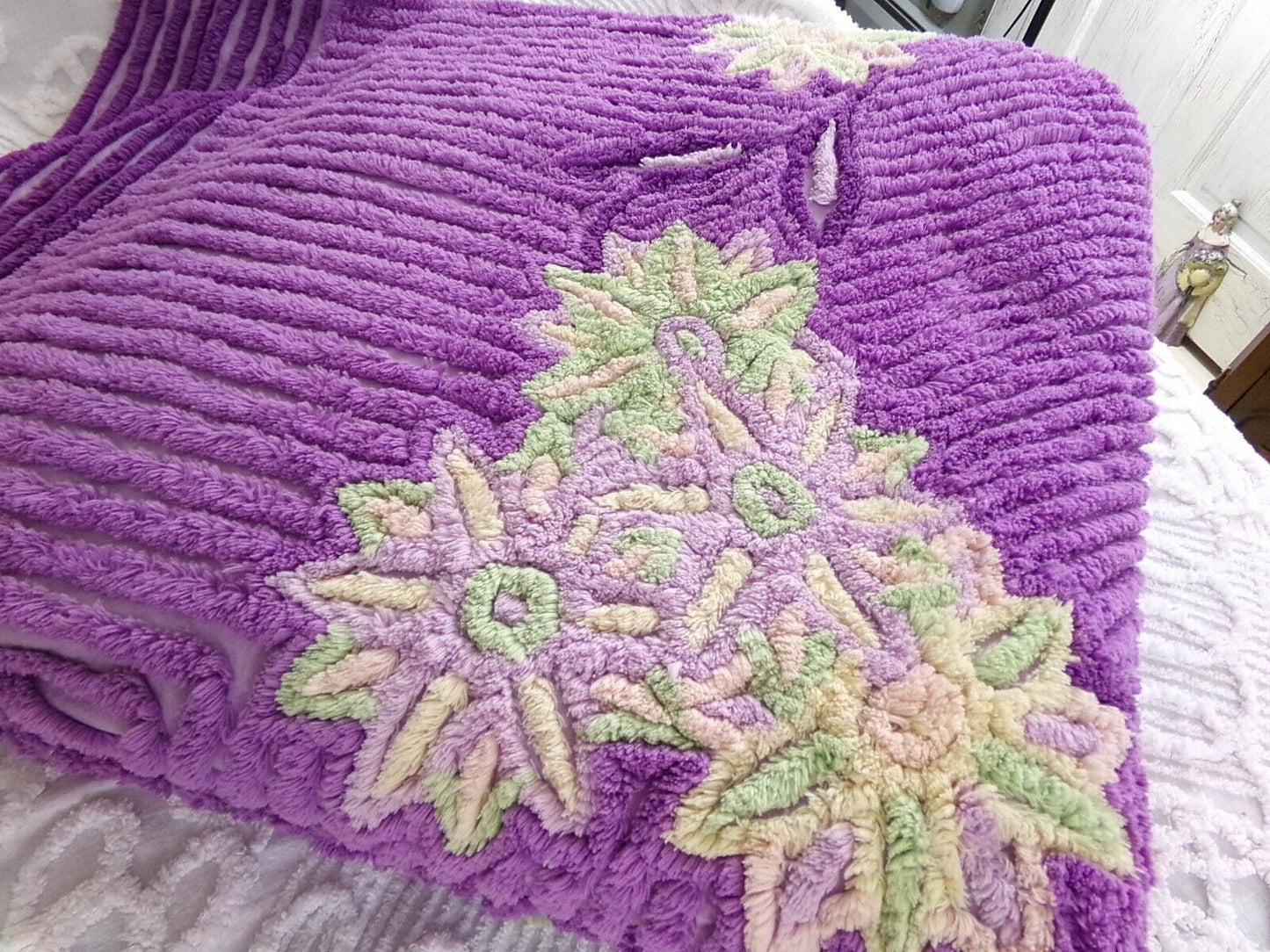 Plush Purple Passion Vintage Chenille Bedspread, Green Lily Floral Full Size Bedding