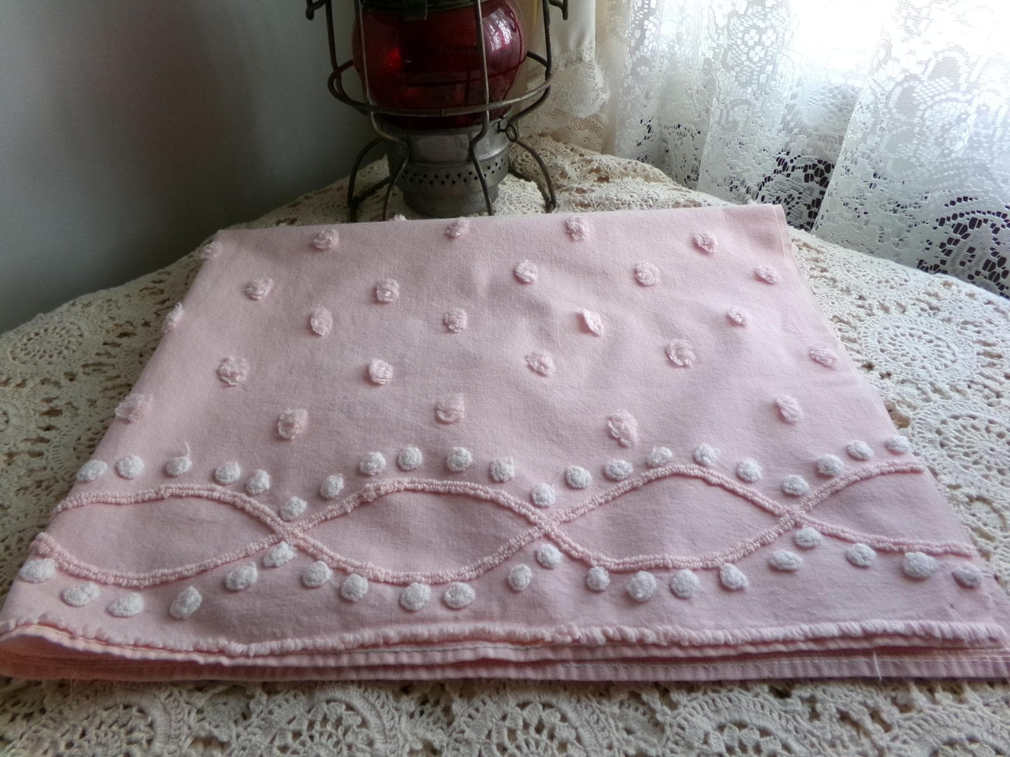 petal pink feminine chenille fabric, vintage sewing material with wideset pops & infinity link accents, lightweight 20" x 27" inch piece
