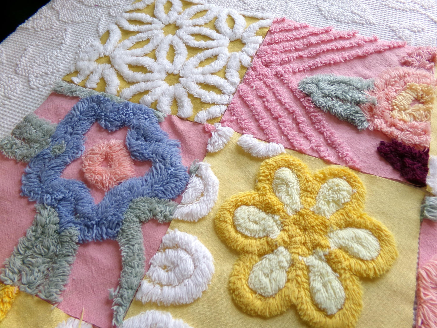 vintage chenille fabric squares, "buttercups & rose petals" set of 16 floral 6" quilt blocks in yellow flower, rose pink floral, gold daisy