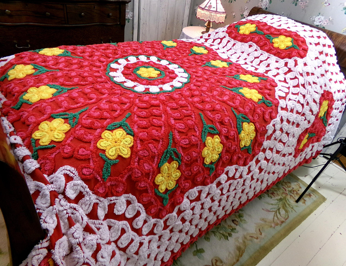 flower power vintage red hot chenille bedspread w/ hearts & daisies, full size plush cotton bedding