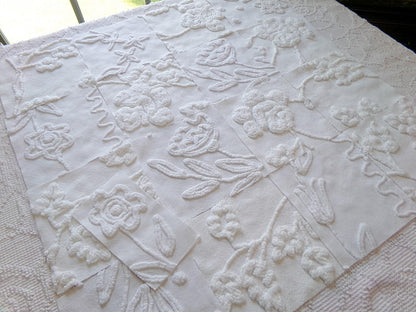 Vintage Chenille Fabric Squares in Rose Lily White Florals from Vintage Bedspread Fabric, Set of 16 Quilt Blocks, 6" x 6" inch