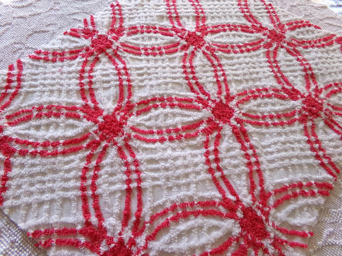 peppermint candy vintage chenille fabric, red & white wedding rings, 100% cotton, 20" x 25" inch piece, great in Christmas stockings, quilts