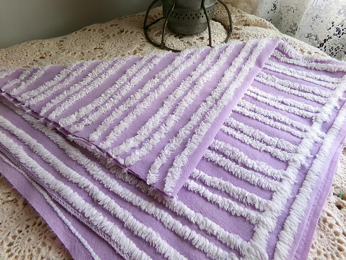 easter lilac chenille fabric, white tufted stripes on purple, 15.5" x 27" inch piece cut from vintage chenille bedspread