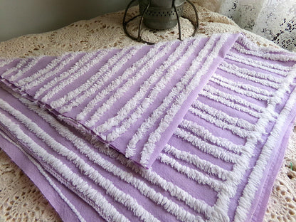 easter lilac chenille fabric, white tufted stripes on purple, 15.5" x 27" inch piece cut from vintage chenille bedspread