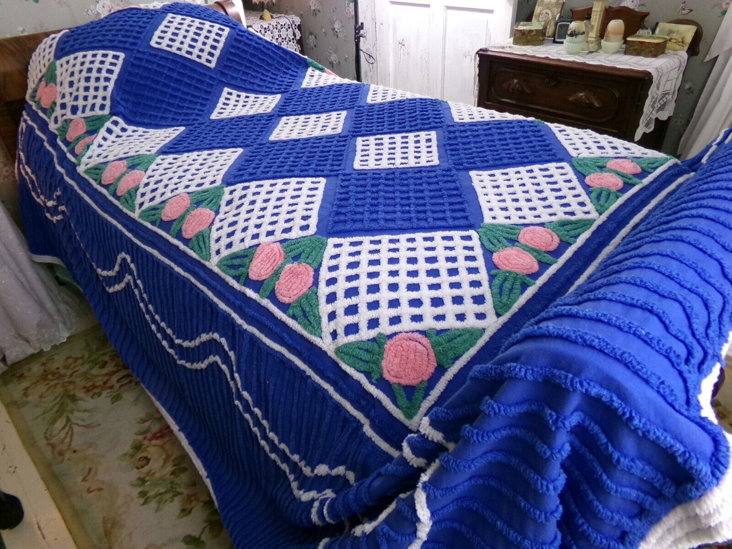 Regal Blue Vintage Chenille Bedspread, Pink Rosettes & White Waffle Tufts, Full Size