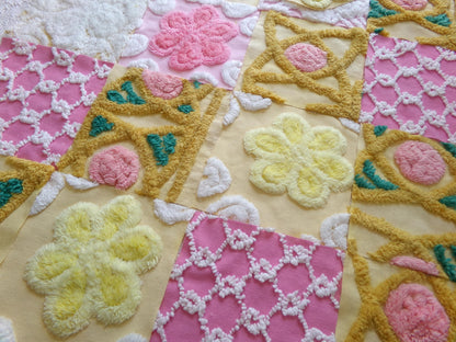 vintage chenille fabric squares, "secret garden" set of 16 floral 6" quilt blocks in yellow, rose pink, gold