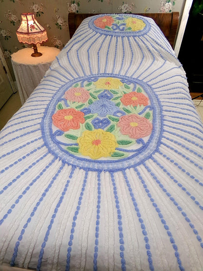 vintage full size chenille bedspread in blue & white colorful cameo starburst florals