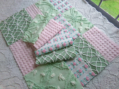 secret garden chenille fabric squares, 16 vintage 6" quilt blocks in pink & green, for sewing, crafts, fiber arts