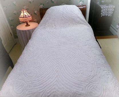 mystic shadow vintage chenille bedspread, plush white swirl designs, TWIN size farmhouse style cotton bedding