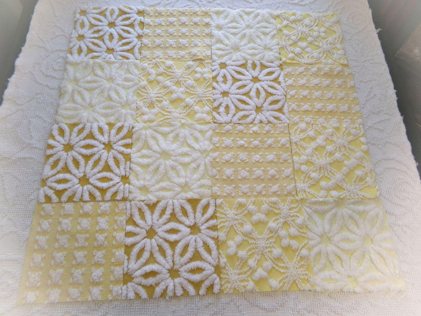 boho sunshine chenille fabric squares, set of 16 vintage quilt blocks 6" ea, natural sunrise yellow, white rosebud, golden harvest daisy
